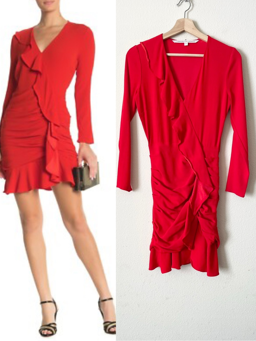Veronica Beard SIZE 2 Poppy red orange ruffle long sleeve ruched mini dress